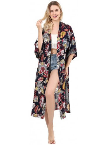 Cover-Ups Women's Kimono Cardigan Casual Dress Beach Cover Up Floral Print Loose Open Front Duster-Length (Free Size) - 62 - ...