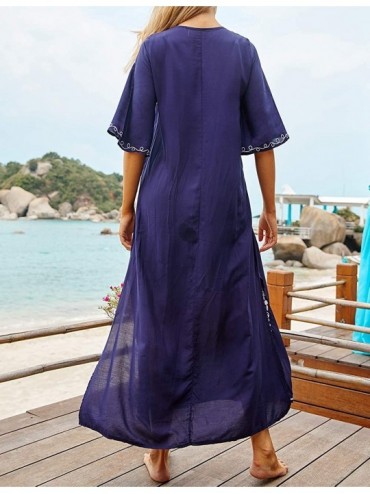 Cover-Ups Women Beachwear Turkish Kaftans Long Swimsuit Cover up Caftan Beach Dress - Navy Blue - C418HOCIYY4 $22.01