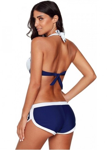 Sets 2 PC Colorblock Halterneck Padded Bikini Top and Boyshorts Boardshorts Boxer Bottom Swimsuit Set - White Blue - C518LWRD...