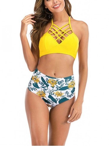 Sets Women's Sexy Split high Waist Bikini Swimsuit Cross Straps Bikini Swimsuit Tankini Swimwear - Yellow - C8199SN46KR $43.25