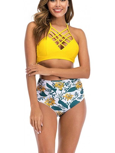 Sets Women's Sexy Split high Waist Bikini Swimsuit Cross Straps Bikini Swimsuit Tankini Swimwear - Yellow - C8199SN46KR $24.71