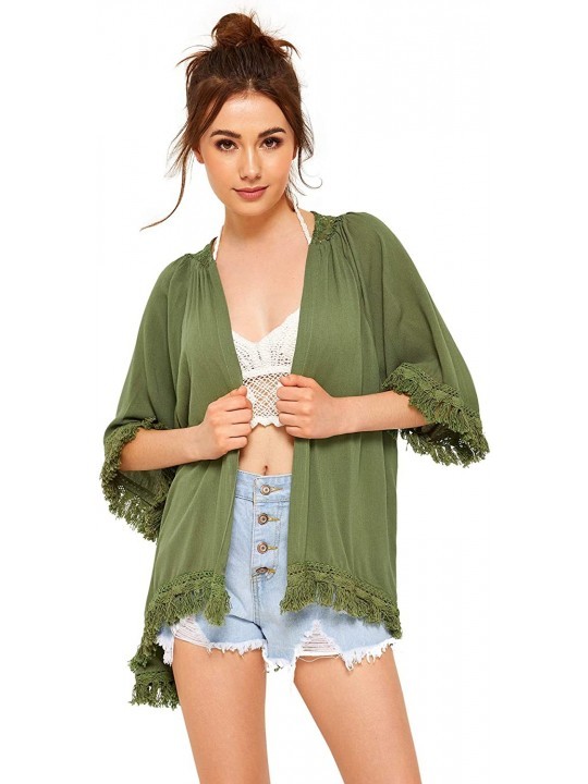 Cover-Ups Women's Tassel Kimono Fringe Cardigan Beachwear Cover up - Army Green - CF18RQ39UG9 $25.10