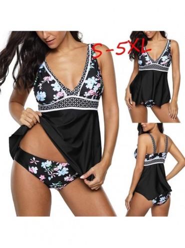 Sets Swimdress for Women- Plus Size Print Tankini Swimjupmsuit Mesh Patchwork Swimwear - Black 6316 - CO1947D7XS4 $22.32