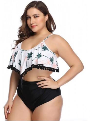 Sets Women's Plus Size Two Piece Ruffle Tankini High Waisted Tummy Control Tassel Backless Bikini Swimwear - Coconut Top+blac...