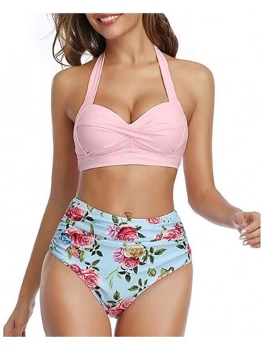 Racing Women Stripe Printing Padded Push up 2 Piece Bikini Sets Swimsuits - Pink Floral - C5194XLSMYQ $65.49