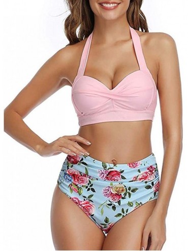 Racing Women Stripe Printing Padded Push up 2 Piece Bikini Sets Swimsuits - Pink Floral - C5194XLSMYQ $26.55