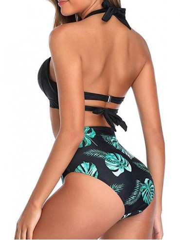 Sets Women's Vintage Swimsuit Two Piece Retro Halter Ruched High Waist Padded Print Bikini Swimwear Bathing Suits - Black + L...