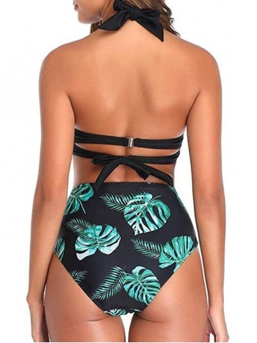 Sets Women's Vintage Swimsuit Two Piece Retro Halter Ruched High Waist Padded Print Bikini Swimwear Bathing Suits - Black + L...
