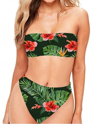Sets Women High Cut Bandeau Strapless Swimsuits Bikini Set Printed XS-XXL - Flower-leaf - C418QOISXDY $59.90