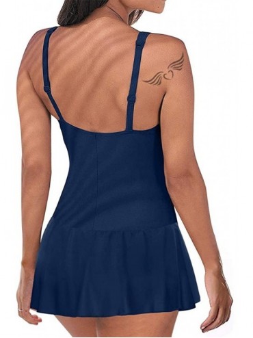One-Pieces Womens One Piece Retro Swimsuits Swim Dress Ruched Cover Up Tummy Control Bathing Suit - Blue - CP195KLXW2Q $30.69