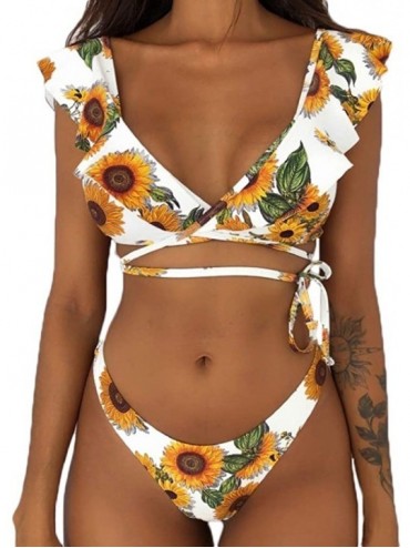 Sets Sexy Women Deep V Neck Ruffled Two Piece Bikini Set Swimsuit Tie Up Bathing Suit Beachwear - Sunflower - CY18QQOSO9I $9.36