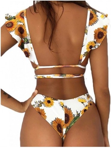 Sets Sexy Women Deep V Neck Ruffled Two Piece Bikini Set Swimsuit Tie Up Bathing Suit Beachwear - Sunflower - CY18QQOSO9I $9.36