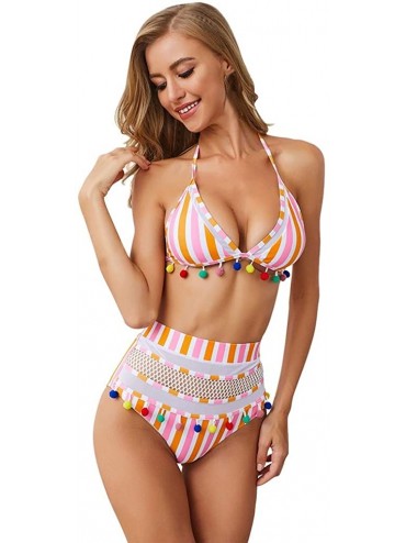 Sets Women's Tassel Swimsuit Halter Strappy High Waist Two Pieces Mesh Striped Bikini Set - B-orange - C718SAKW4MA $29.98