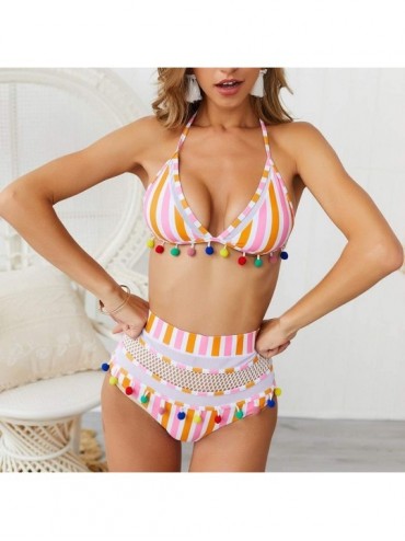 Sets Women's Tassel Swimsuit Halter Strappy High Waist Two Pieces Mesh Striped Bikini Set - B-orange - C718SAKW4MA $19.30