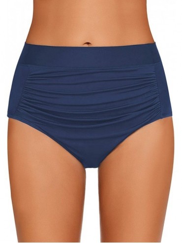 Bottoms Women's High Waist Ruched Bikini Bottom Solid Swim Shorts Tankini Brief - B Navy - CO18LG0H5DO $20.38