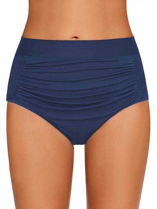 Bottoms Women's High Waist Ruched Bikini Bottom Solid Swim Shorts Tankini Brief - B Navy - CO18LG0H5DO $20.38