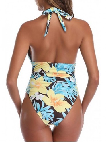 One-Pieces Women's One Piece Halter Push up Swimsuits Backless Monokini Ruched Tummy Control Bathing Suits Plus Size Swimwear...