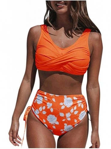 Racing Swimsuits for Women Plus Size Two Piece Bikini Set High Waisted Tie Side Bottom Swimsuits - Orange - CV197HHQXCZ $31.10