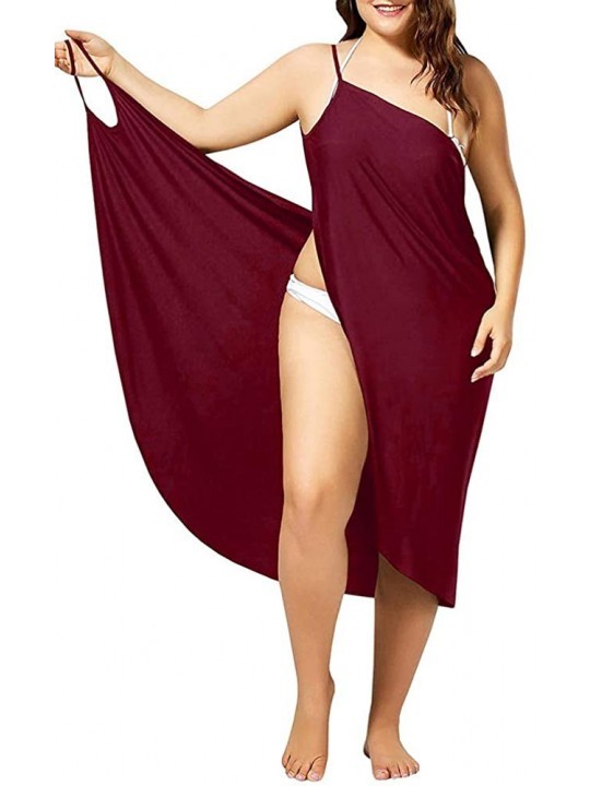 Cover-Ups Womens Beach Cover Up Spaghetti Strap Sarong Backless Swimsuit Wrap Midi Dresses - Red - CS18QCDQHKX $13.07