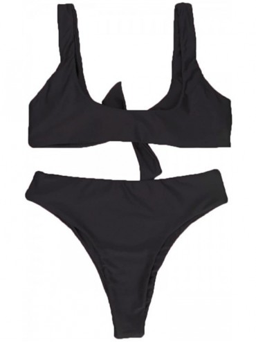Sets Womens Tie Knot Front High Waist Thong Bandage 2PCS Bikini Sets Beachwear - Black - CX18324U8QH $23.07