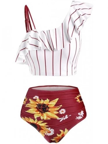 Racing Two Pieces Push-Up Padd Overlay Sunflower Print Bikini Stripe Bathing Suits Swimwear Beachwear Set - Wine 02 - CR198XA...