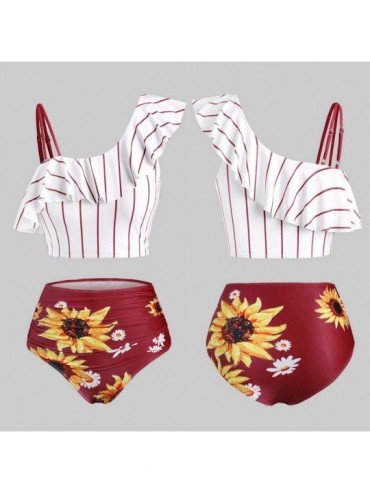 Racing Two Pieces Push-Up Padd Overlay Sunflower Print Bikini Stripe Bathing Suits Swimwear Beachwear Set - Wine 02 - CR198XA...