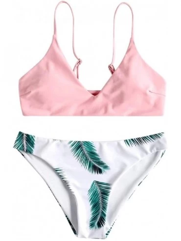 Sets Women's Girls Fashion Leaf Print Push-Up Padded Bra Beach Cotton Stretchy High Waist Bikini Set Swimsuit - Pink - C7196D...