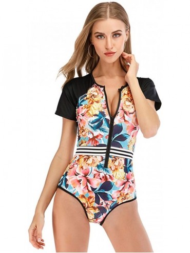 One-Pieces Women Printed One-Piece Swimsuit Short Sleeve Rashguard Swimwear Zipper Front Bathing Suit - Pink - CW190GUQUIH $4...