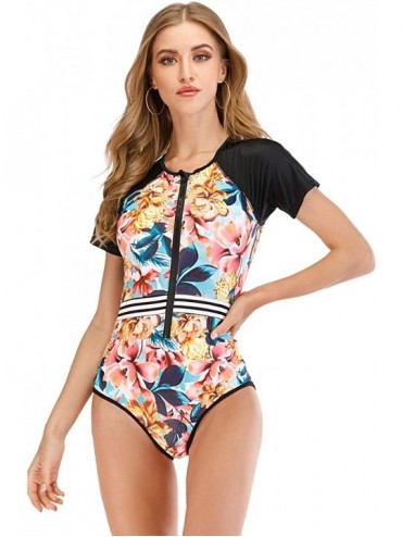 One-Pieces Women Printed One-Piece Swimsuit Short Sleeve Rashguard Swimwear Zipper Front Bathing Suit - Pink - CW190GUQUIH $2...