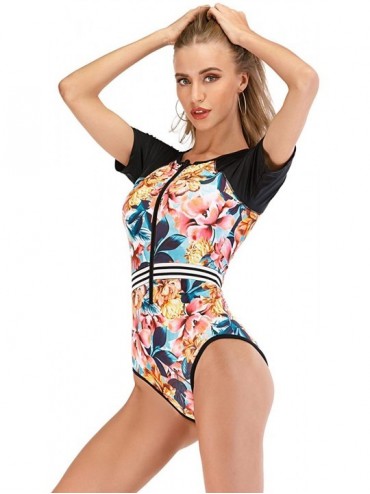 One-Pieces Women Printed One-Piece Swimsuit Short Sleeve Rashguard Swimwear Zipper Front Bathing Suit - Pink - CW190GUQUIH $2...