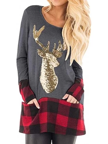 Tankinis Womens Christmas Tops Plaid Splice Hem Reindeer Long Sleeve Cute Tunic Blouse - Dark Gray - C918L3UGU25 $31.23