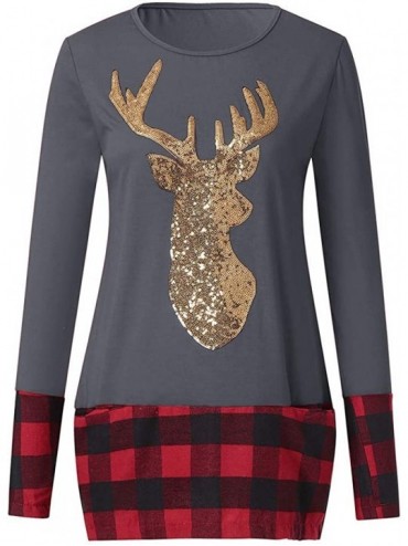 Tankinis Womens Christmas Tops Plaid Splice Hem Reindeer Long Sleeve Cute Tunic Blouse - Dark Gray - C918L3UGU25 $14.97