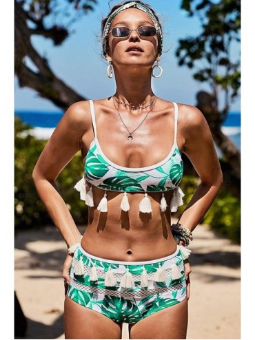 Sets Womens Tassel Bikini Swimsuit High Waist Mesh Two Piece Bikini Set Trim Top Halter Swimwear - D-banana Leaf Green - CM18...