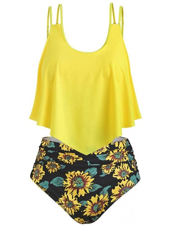 Tops Swimsuit for Women Two Piece Bathing Suit Top Ruffled High Waisted Tankini - Yellow - CX1960WE976 $11.17