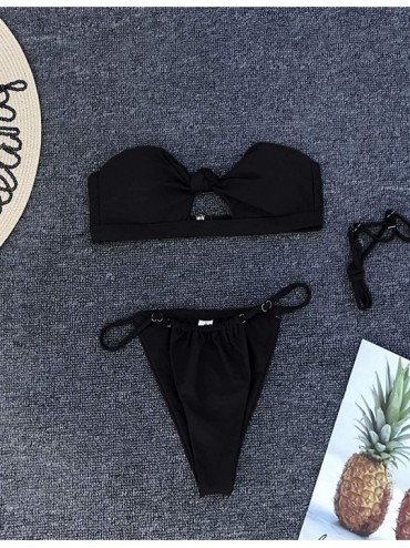 Sets Bikini Swimsuit Womens High Waisted Bathing Suit Brazilian Thong Swimwear Tie Knot Bikini Set - Black - CX18STNRAHX $22.49