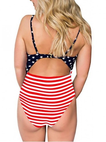 Sets Womens American Flag Stars Stripes Swimsuit Bikini High Waist Cutout Tummy Control Monokini - Navy - C718RX98ATC $23.31