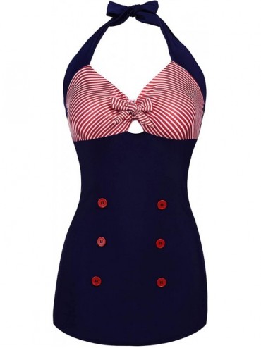 Racing Womens Vintage Striped One Piece Swimsuit Monokini Bathing Suit Boyshort Swimwear - Red2 - CQ185O3ZNML $49.82