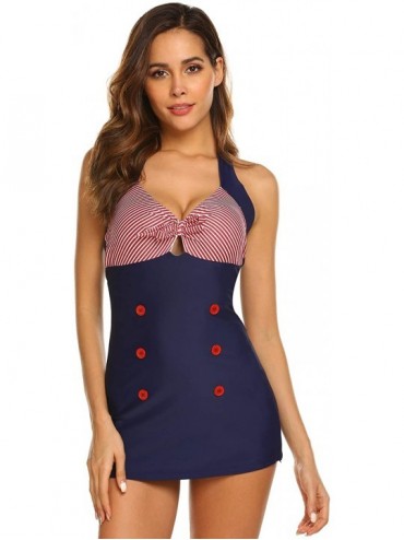 Racing Womens Vintage Striped One Piece Swimsuit Monokini Bathing Suit Boyshort Swimwear - Red2 - CQ185O3ZNML $22.94