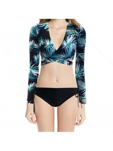 Sets Women Two Piece Swimsuits Surfing Rash Guard Long Sleeve Padded Crop Top Swimwear - Print01 - CD18U7GYK7M $42.55