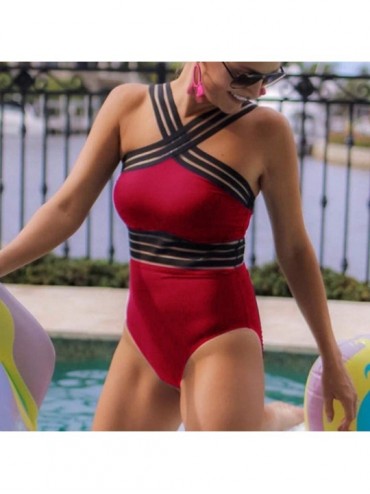 One-Pieces Womens One Piece Swimsuit Pin up Hanging Neck Monokinis Tummy Control Swimwear Shirred Bathing Suits - Red - C9194...