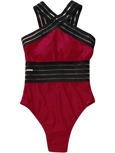 One-Pieces Womens One Piece Swimsuit Pin up Hanging Neck Monokinis Tummy Control Swimwear Shirred Bathing Suits - Red - C9194...