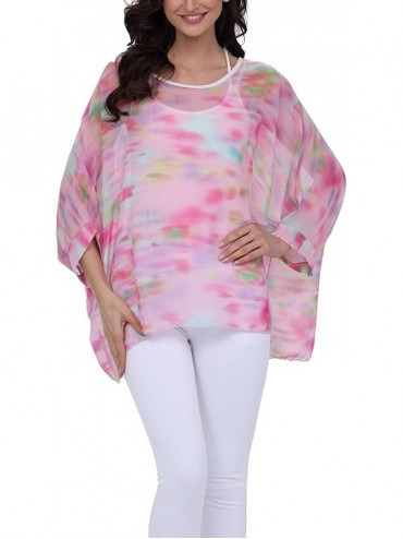 Cover-Ups Womens Floral Print Batwing Sleeve Chiffon Poncho Blouse Summer Tunic Tops PB - Pb278 - CC18C9QNQN9 $15.06