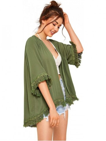 Cover-Ups Women's Tassel Kimono Fringe Cardigan Beachwear Cover up - Army Green - CF18RQ39UG9 $25.10