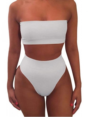 Sets Sexy Bandeau High Waist Bikini Set 2 Piece Strapless Swimsuit Cheeky Bottom for Women - White - C518OW5WOQ8 $32.13