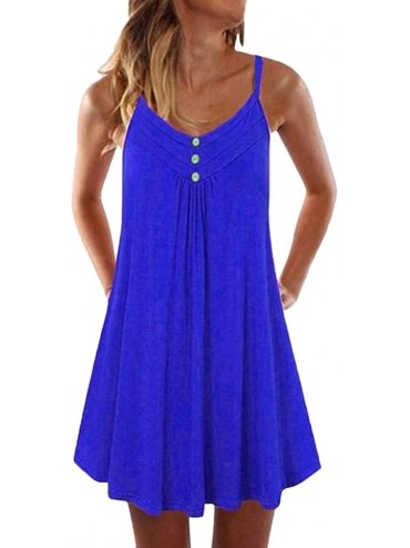 Cover-Ups Women's Summer Tank Dress Casual Sleeveless Knee Length Pleated Sun Dresses Spaghetti Strap Cami Tank - Blue B - C5...
