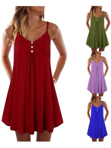Cover-Ups Women's Summer Tank Dress Casual Sleeveless Knee Length Pleated Sun Dresses Spaghetti Strap Cami Tank - Blue B - C5...