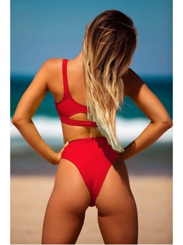 Sets Womens Crop Top High Waisted Swimsuits Sport High Cut Bathing Suits Cutout Bikini Set Two Piece - Red Bikini - CV1934DCR...