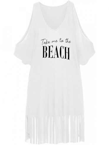 Cover-Ups Women's Casual Loose Fit Take me to The Beach Cover up Dress Cold Shoulder T Shirt Baggy Swimsuit Beach Dress White...