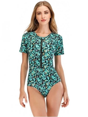 Rash Guards Womens Rashguard Swimsuit Zip Front Print Short Sleeve One Piece Swimwear - 5 Green - CZ190EO4ON0 $46.04