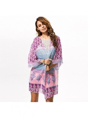 Cover-Ups Women's Bohemia Summer Chiffon Kimono Cardigan Blouse Beach Cover up - Pink - CA17YC5MD08 $13.17